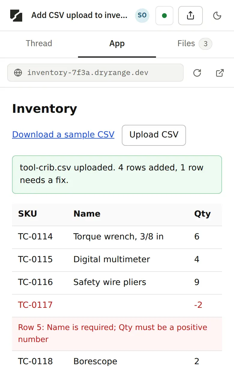 The same War Factory thread on a phone, with the App tab open and the tool crib inventory app running.
